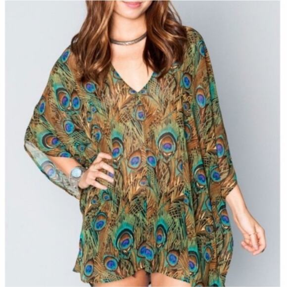 Show Me Your Mumu Peta Peacock Feather Print Tunic Top Sheer Swim Cover Up - Picture 2 of 9
